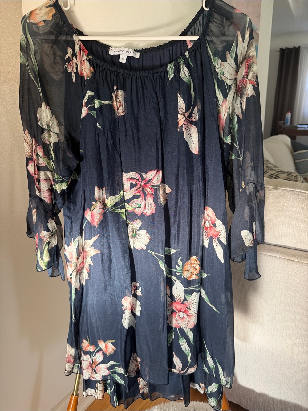 Tempo Paris Navy Floral Off-Shoulder Midi Dress